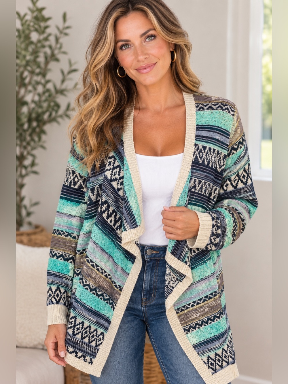 Teal Aztec Open-Front Cardigan Sweater Boho Southwestern Indie Y2K Cozy Hippie S
